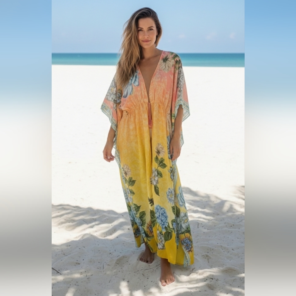 Agua Bendita KIMONO Yellow Pink Floral  Tropical Boho Beach Floral Lounge OSFA